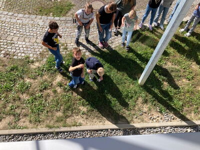 Von oben aus dem Fenster aus auf eine Schülergruppe fotografiert